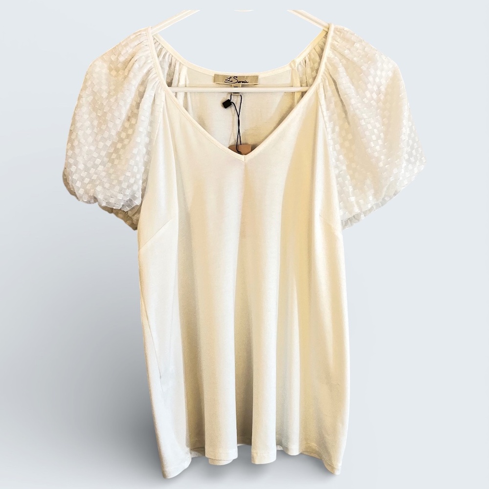 Le Serein Cream Knit Blouse with Sheer Puff Sleeves Size SP NWT